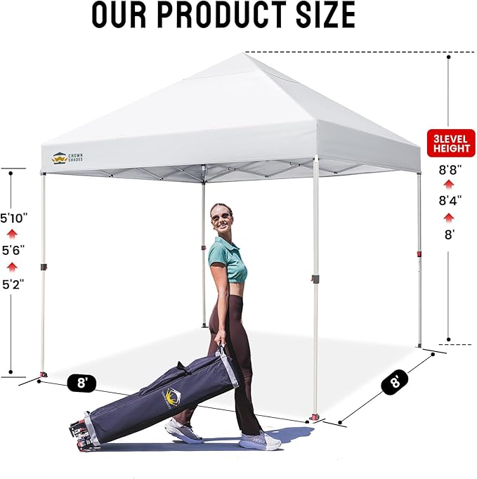 CROWN SHADES 8x8 Pop Up Canopy - Beach Tent with One Push Setup - Easy Outdoor Sun Shade for Events, Parties, Camping - Gazebo with STO-N-Go Cover Bag, Silver Coated Top, White