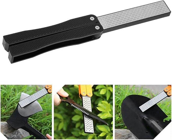 Double Sided Sharpener, Folding Pocket Knife Sharpening Stone Portable Garden Tool Sharpener for Axe Hatchet Lawn Mower Blade Garden Shears Chisels Spade Drills