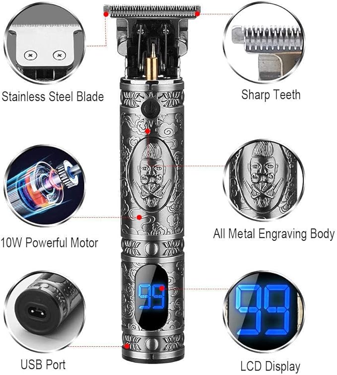 Suttik Hair Trimmer for Men, Professional Hair Clippers for Barber, Beard Trimmer for Men, Cordless Edgers Clippers, Ornate Knight T-Blade Close Cutting Trimmer with LCD, Gray