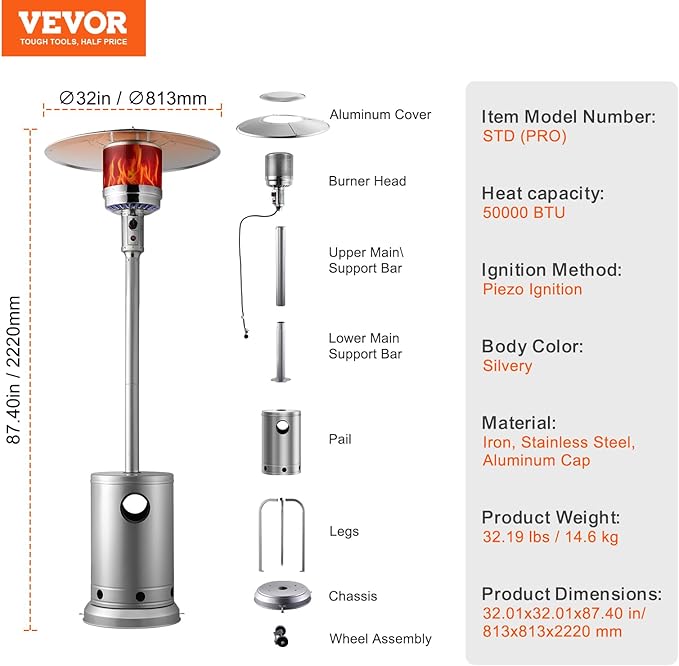 VEVOR Patio Heater for Outdoor Use, 50000BTU Propane Heater Tall Hammered With Round Table Design, Metal Burner and Wheels, Fixed Outdoor Patio Flame Heater for Patio, Party, Backyard, Garden, Silver