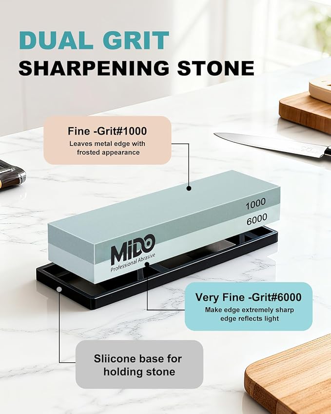 1000/6000 Grit knife Sharpening Stone Dual Sided Whetstone with Non-Slip Rubber Base, Premium knife Sharpener for Kitchen, Hunting, Pocket Knives and Blades