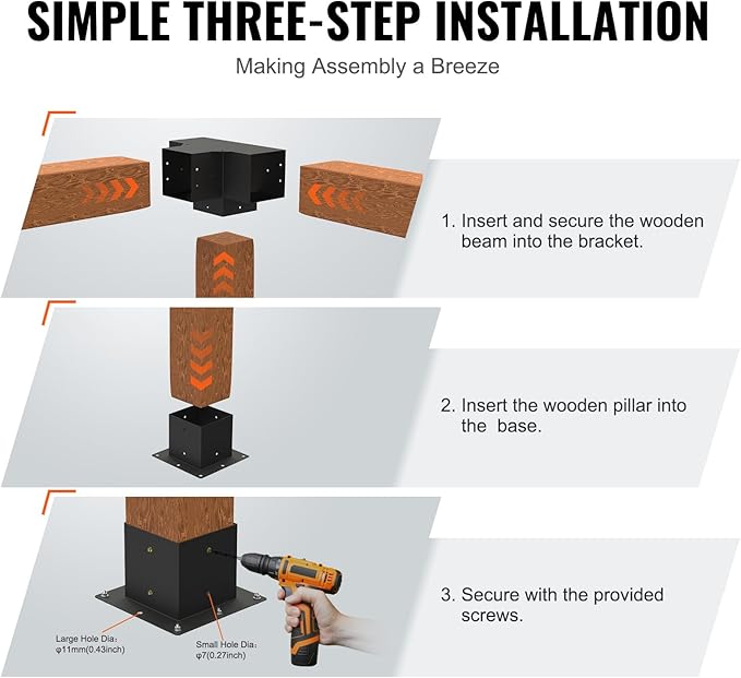 VEVOR Pergola Bracket Kit, 6x6 Inch (Inner Size 5.5x5.5), 2 Pcs 4-Way Heavy Duty Corner Bracket Woodworks DIY Post Base Kit, Easy Installation Wooden Beams for Gazebos, Patio Pergolas, Log Cabin