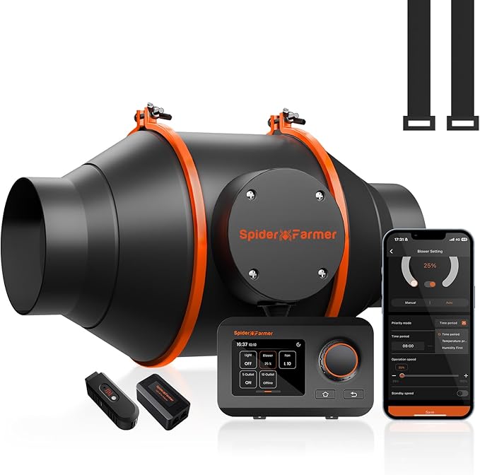 Spider Farmer 4 Inch Smart Inline Duct Fan with GGS Temperature Humidity Controller, WiFi Integrated App Control, 205 CFM Ventilation Exhaust Fan for Heating Cooling Booster, Grow Tents, Hydroponics