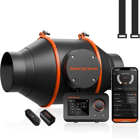 Spider Farmer 4 Inch Smart Inline Duct Fan with GGS Temperature Humidity Controller, WiFi Integrated App Control, 205 CFM Ventilation Exhaust Fan for Heating Cooling Booster, Grow Tents, Hydroponics