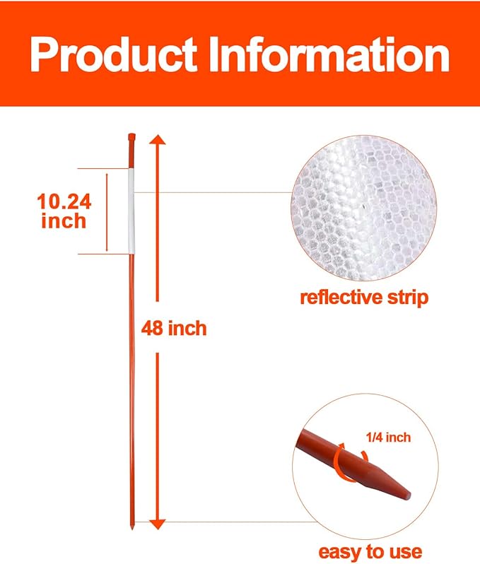 10 pcs Driveway Reflective Markers - 48 inch Snow Stakes with Highly Visible Reflective Tape, 1/4 inch Dia Snow Pole Stake for Parking, Home, Road