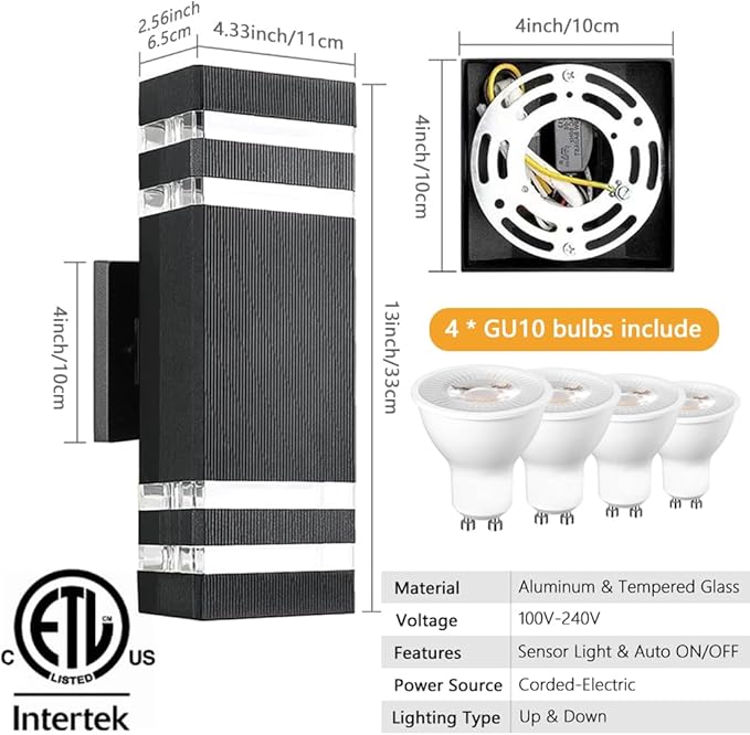SHIMR Dusk to Dawn Outdoor Lighting 2 Pack, Outdoor Wall Sconce with GU10 Bulbs, Black Aluminum Exterior Lighting Fixtures Wall Mount, Modern Outside Lights for Garage Patio Garden, ETL Listed