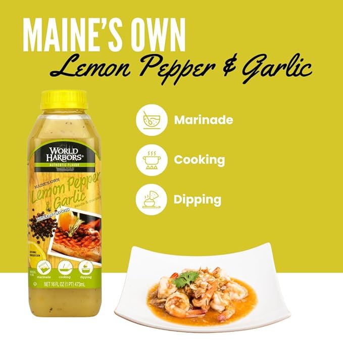 World Harbors Lemon Pepper Garlic Sauce & Marinade, Made in Maine, Ideal for Chicken Wings, Seafood, Grilled Meats, Salads, Stir-Fries, Sandwiches, Salads, Garnish Dipping Sauce 16 oz (Pack of 2)