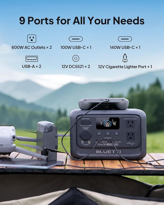 BLUETTI Solar Generator Elite 30 V2, 288Wh LiFePO4 Battery Backup 600W, AC Outlets (Power Lifting 1500W), 0-100% in 70 Min, for Camping, Road Trip, Outage (Solar Panel Optional)