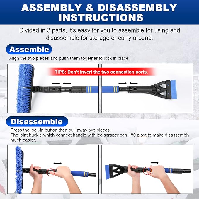 2PCS Ice Scrapers for Car Windshield, 2-in-1 Snow Scraper and Snow Brush for Car SUV Truck, Car Ice Windshield Scraper for Ice and Snow with 360° Pivoting Brush and Ergonomic Foam Grip Blue
