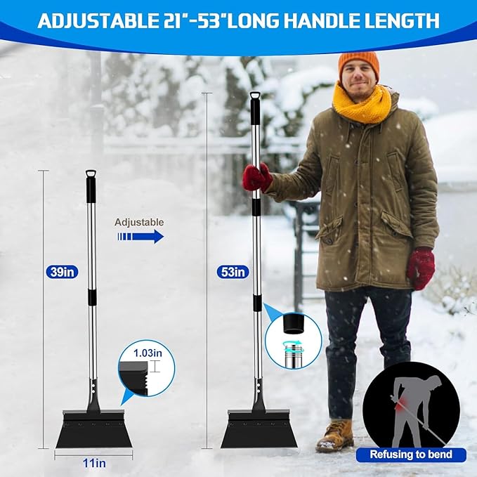 Snow Shovel, EOMEOH Ice Scraper Heavy Duty, 11"Wider Garden Flat Floor Scraper with 53" Long Adjustable Handle, Multifunctional Gardening Spade Shovel, Cleaning Scraper for Driveway, Weed, Lawn Edging