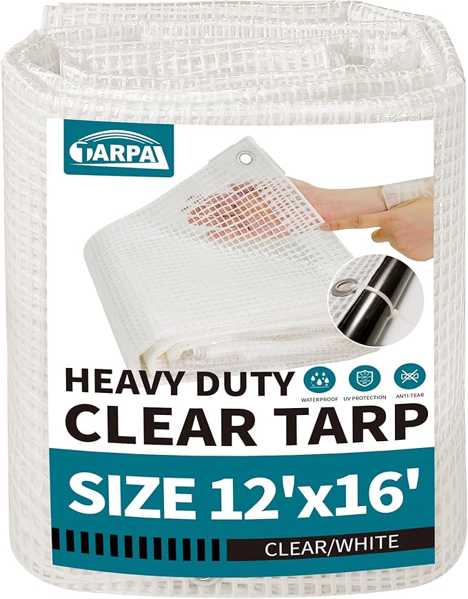 TARPAL 12'x16' Clear White Tarp Heavy Duty Waterproof 12mil with Grommets or Zip Ties for Large Greenhouses for Outdoors Garden,Farm,Chicken Coops