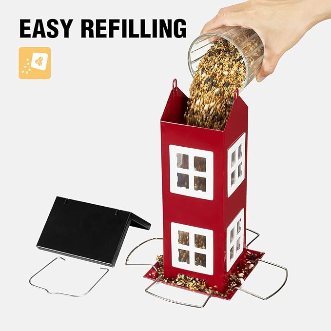 Veehoo Bird House Feeders for Outdoors Hanging-Metal Wild Bird House Feeders with 4 Ports, Country House Design, Garden Yard Decor Hanging Bird Feeder for Outside, Large Capacity, Red