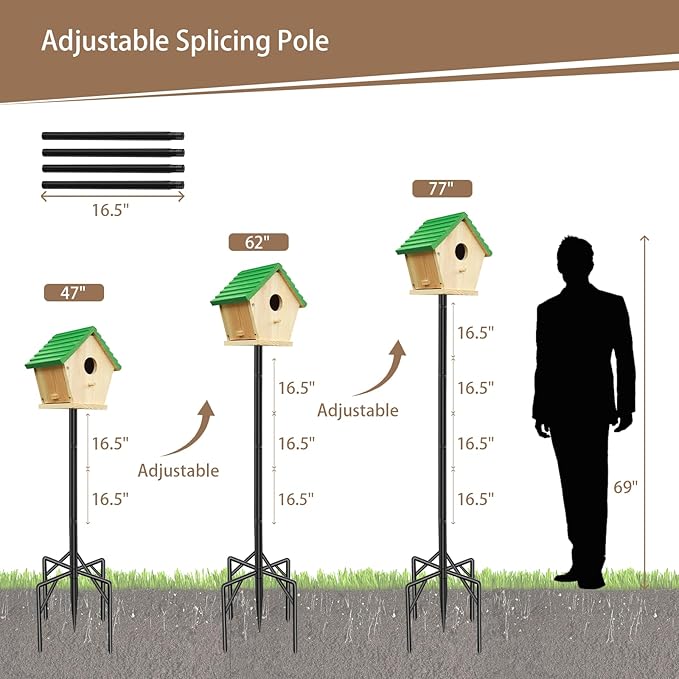 77 Inch Heavy Duty Bird Feeder Pole for Outdoors with 5-Prong Base and 2 Plates, Rust-Proof Metal Smart Bird Feeder Stand/Post, Adjustable Birdhouse Pole, Weather Station Mounting Kit