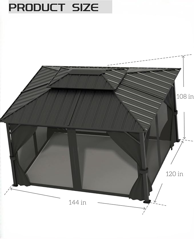 10x12 Ft Hardtop Gazebos with Heavy Duty Double Roof, Nettings and Curtains Galvanized Steel Outdoor Gazebos for Patio, Backyard, Deck, Lawn (Grey)