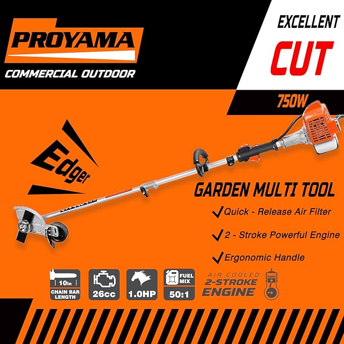 PROYAMA 26cc 6 in 1 Multi Functional Trimming Tools, Gas Hedge Trimmer, Weed Eater, String Trimmer, Brush Cutter, Edger, Pole Saw Chainsaw Pruner with Extension Pole