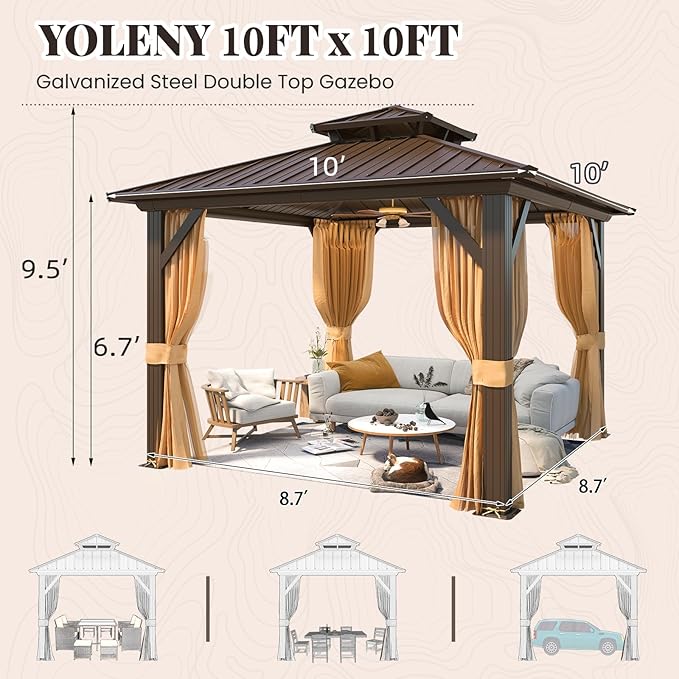 YOLENY 10' x 10' Hardtop Gazebo, Metal Gazebo with Aluminum Frame, Double Galvanized Steel Roof, Curtains and Netting Included, Pergolas for Patios, Garden, Parties, Lawns