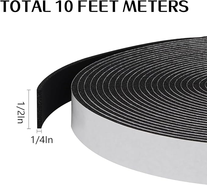 Storystore Foam Insulation Tape Self Adhesive, 1/2In x 1/4In x 10Ft Weather Stripping for Doors and Windows, Sound Proof Soundproofing Door Seal, Weatherstrip, Air Conditioning Seal Strip