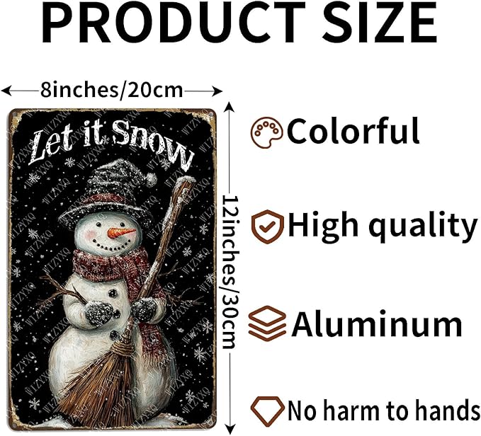 Tin Signs Let It Snow Snowman Metal Sign Snowflakes Winter Aluminum Sign for Farmhouse Outdoor Yard Home Kitchen Office 12×8 Inch