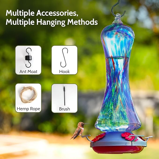 Hummingbird Feeder for Outdoors Hanging, Hand Blown Glass Hummingbird Present with Perch, Leak Proof, Never Fade, 4 Feeding Ports, 38 fl.oz, Include Hook, Ant Moat, Rope, Brush, Present for Garden