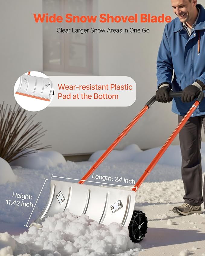 VEVOR 24 inch Snow Pusher Shovel with Wheels, Metal Heavy Duty Wheeled Push Snow Shovels for Driveway