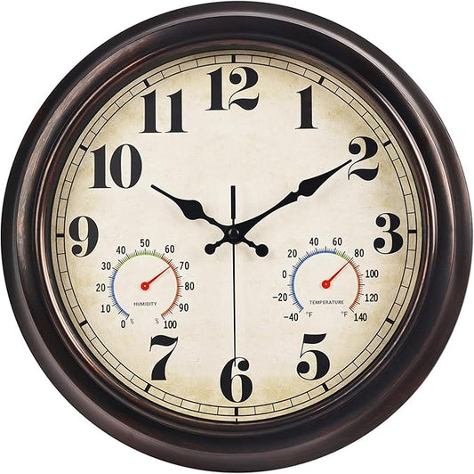 JENLYSTIME 13 Inch Dark Brown Vintage Waterproof Indoor/Outdoor Wall Clock with Thermometer & Hygrometer Large Silent Numerals & Accurate Timekeeping for Living Room, Porch&Garden&Pool