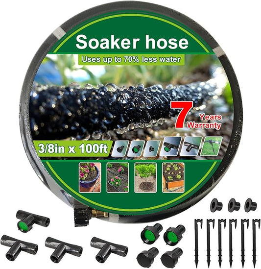 Nutroeno Soaker Hose Kit - 3/8 inch x 100ft Heavy Duty Garden Hose, Irrigation Rubber Weeping Hose with Reinforced Fittings for Raised Garden Flower Bed, Lawn and Plants