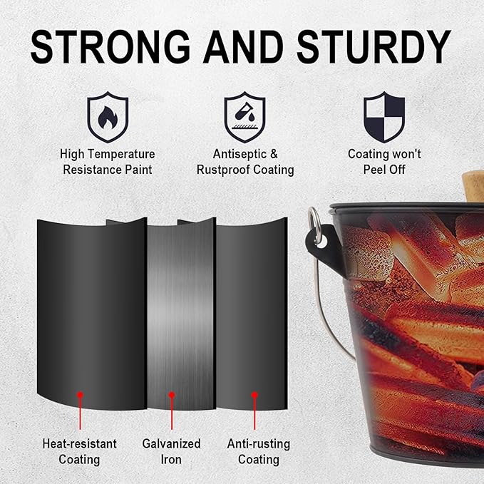 Ash Bucket with Lid Shovel and Hand Broom, 1.5 Gallon Fireplace Metal Bucket Reinforced Base & Ash Can, Fire Pit,Wood Burning Stove for Fireplace, Galvanized Iron Tool Set Accessories