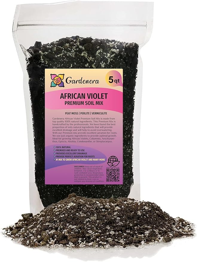 Premium African Violets and Gesneriad Premium Soil Mix by Gardenera - Horticultural Perlite (25%) + Vermiculite (25%) + Sphagnum Peat Moss (50%) - Made in USA - (5 Quart Bag)