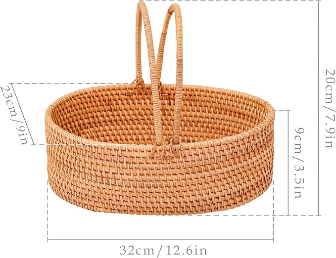 Rattan Picnic Basket with Handles, Oval Wicker Gift Basket for Wedding, Camping(12.6"×9"×3.5")