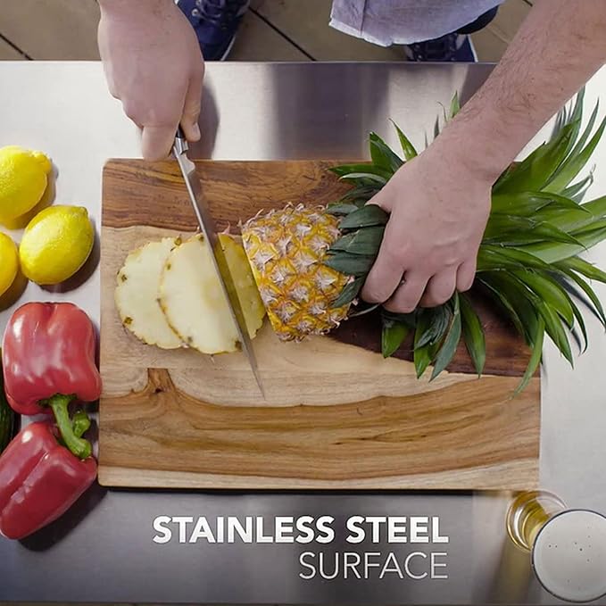 Keter Outdoor Grill Prep Table & Serving Cart, Stainless Steel Top, Unity, 40 Gal, Brown - Portable Bar Table and Cooking Accessory for Pool, Patio, Lawn, and Backyard