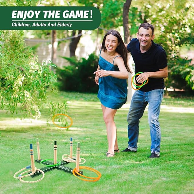 Wooden Ring Toss Game Set, Backyard Beach Camping Game with Toss Rings & Portable Carrying Bag, Outdoor Lawn & Yard Games for Kids, Adults & Family