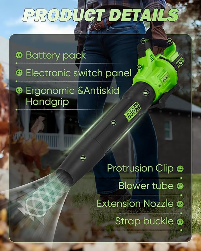 Saker Cordless Leaf Blower 650CFM 22V Electric Blowers with 2x5.0Ah Batteries 3-Speed Lightweight Blowers for Lawn Care, Yard Cleaning, Blowing Leaves, Dust, Snow Green SK-LB650