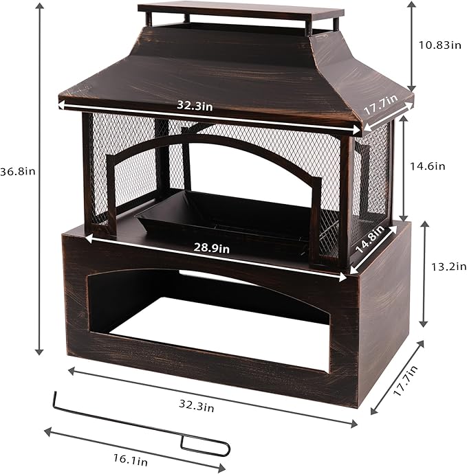 Red Mountain Valley 37in Outdoor Wood Burning Fireplace, Large Outdoor Fire Pit with Log Grate and Poker, Chimney Outside Fireplace with Firewood Racks Storage for Patio, Garden and Backyard
