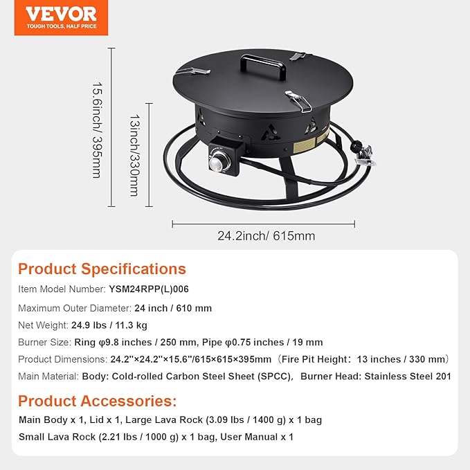 VEVOR Propane Fire Pit, 24-Inch Diameter Outdoor Portable Gas Fire Pit with Cover & Lava Rocks, Adjustable Flame Height Camping Firepit for Heating, Lighting, Gathering, 58,000 BTU, Black