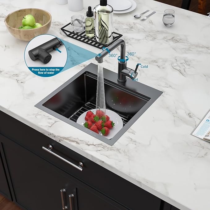 18 Inch Black Drop In Bar Sink Outdoor Kitchen Sink Workstation 16 Gauge Stainless Steel Single Bowl Small Sinks With Pull-out Faucet 18"x18"x9"