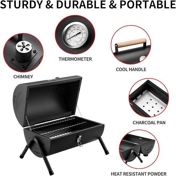 Portable Charcoal Grill, Tabletop Outdoor Barbecue Smoker, Small BBQ Grill for Outdoor Cooking Backyard Camping Picnics Beach by DNKMOR BLACK