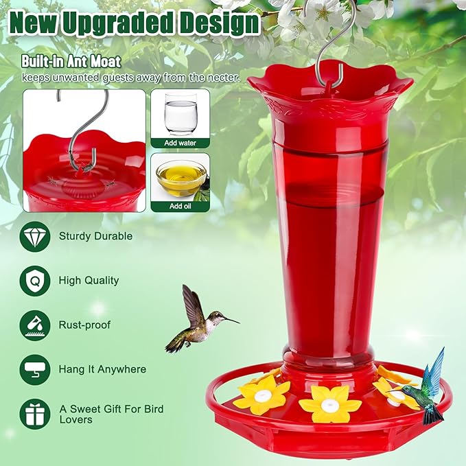 10 OZ Glass Hummingbird Feeders for Outdoors Hanging - Red 2 Pack, Ant & Bee Proof and 6 Feeding Ports, Garden Yard Dรฉcor Gifts for Mom