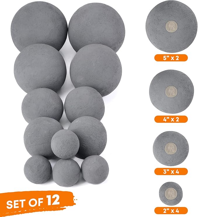 Stanbroil 12 Pack Ceramic Fire Balls, Mixed 4 Sizes Fireplace Balls, Modern Accessory for Indoor or Outdoor Fireplace, Fire Pits and Fire Bowl, Gray