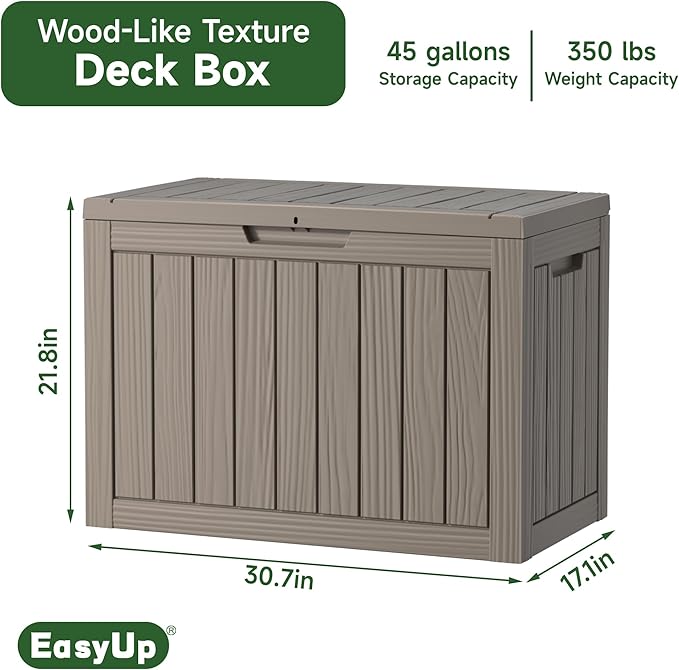 45 Gallon Outdoor Storage Box, Resin Waterproof UV-Resistant Deck Box, Reinforced Stability for Patio, Garden, and Poolside, Striped Gray