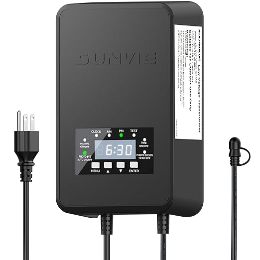 SUNVIE 120W Low Voltage Transformer Outdoor Landscape Lighting Transformer with Timer and Photocell Sensor Waterproof 120V to 12V/14V AC Low Voltage Landscape Transformer for Spotlight Pathway Lights
