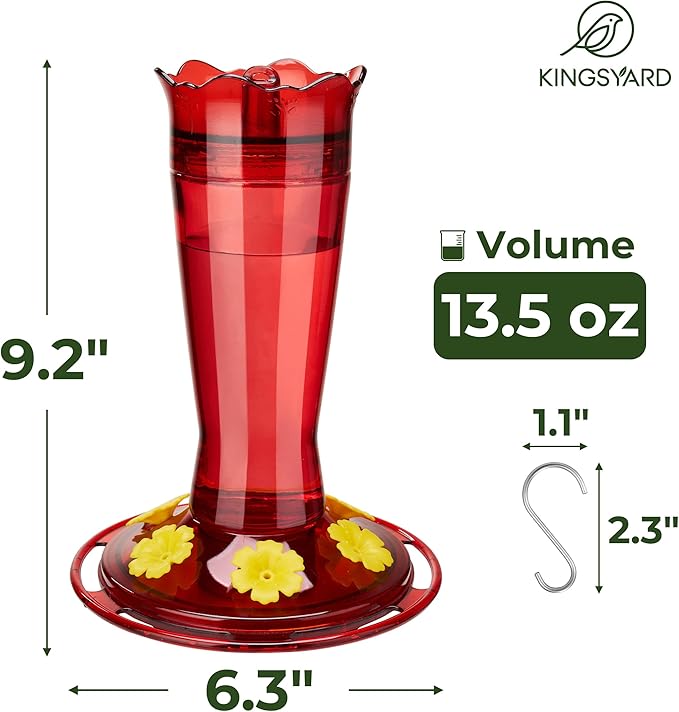 Kingsyard Glass Hummingbird Feeder for Outdoors Hanging - 6 Bee Guard Feeding Ports & Built-in Ant Moat, Wild Bird Feeder for Outside Garden Yard Patio 14 Oz, Red