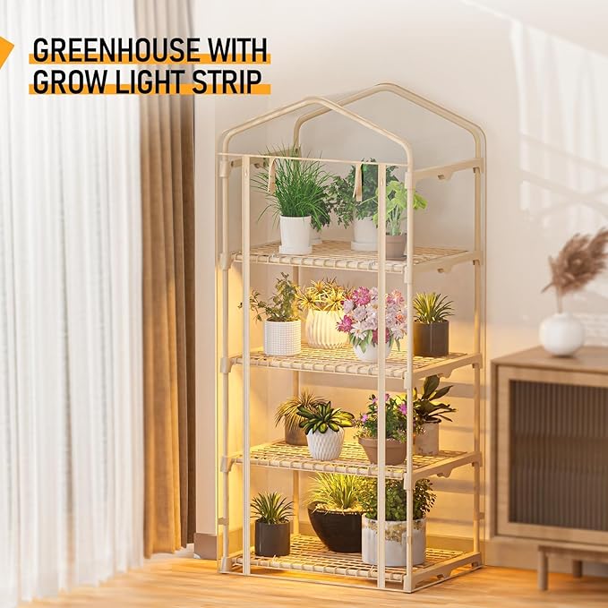 Indoor Greenhouse with Grow Lights - 4 Tiers 27.6"L×19.3"W×61.4"H Outdoor Mini Green House with Zip PVC Cover and Dimmable 45W Full Spectrum Plant Light with Timer for Seed Starting Trays
