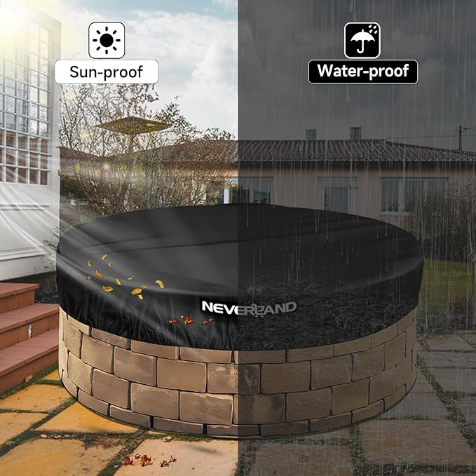 NEVERLAND Round Fire Pit Cover for In-Ground Fire Pits, 52-57 Inch Heavy Duty 600D Waterproof Outdoor Firepit Cover, Fits Built-In Stone Fire Pits, Black