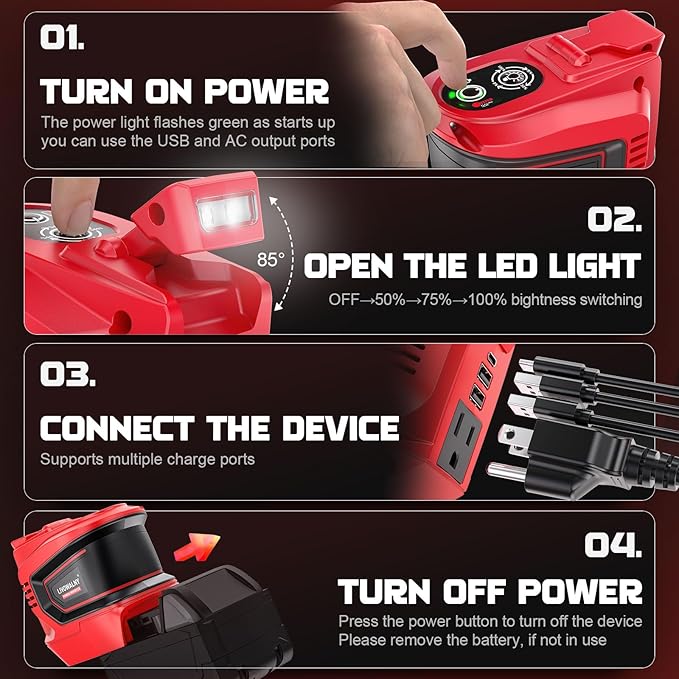 200W Power Inverter Compatible with Milwaukee, DC 18V to AC 110-120V Battery Inverter, Portable Power Station Generator, Charger Adapter Battery Powered Outlet w/ 2 USB Ports & 1 Type-C & 1 AC Outlet
