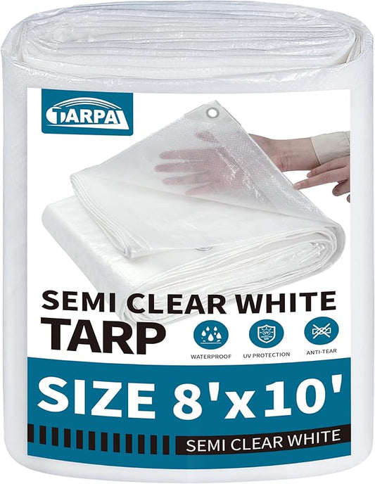 TARPAL 8'x10' Semi Clear White Tarp Waterproof Green House Cover with Grommets 7.5mil Clear Poly tarps for Gardening,Farm, Garden,Chicken Coops,Outdoor