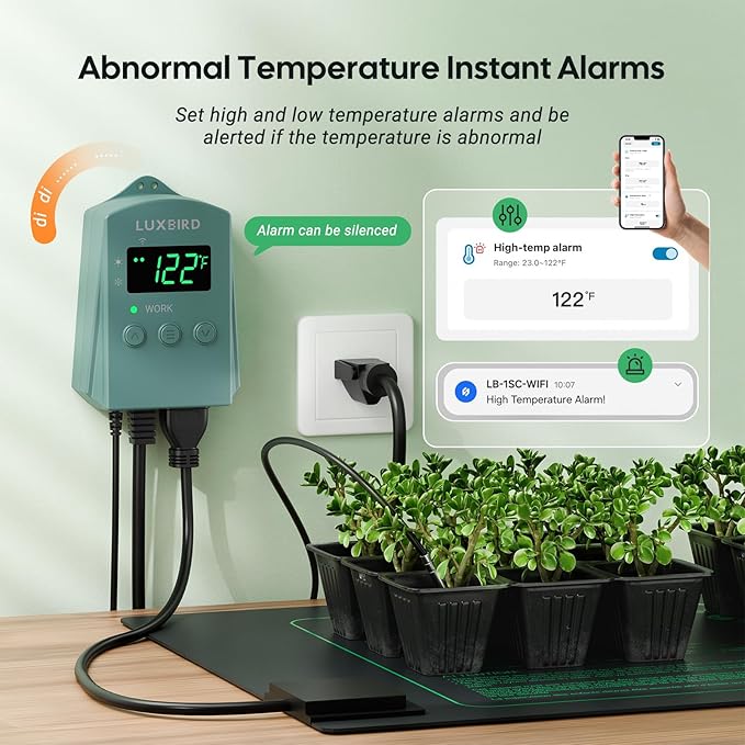 WiFi Digital Heat Mat Thermostat Controller, 32-113°F with Heating Cooling Mode, 365 Day Data Export, 1200W, High/Low Temp Alerts, Plug & Play for Reptile Seedling Brewing Breeding Greenhouse
