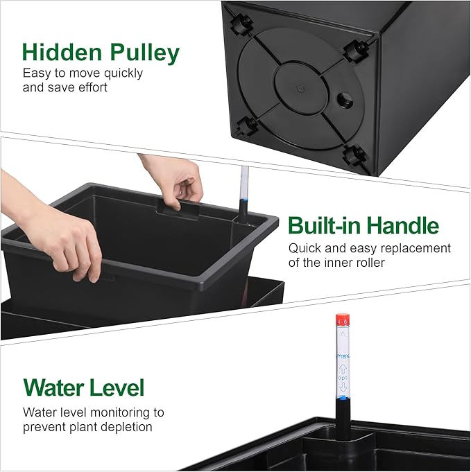GarveeLife 30 in Tall Planters Set of 2, Outdoor&Indoor Black Planter Pots, High Front Porch Planter Pots With Drainage Holes&Water Level Monitor Movable Wheels &Inner Bucket, Automatic Watering,Black