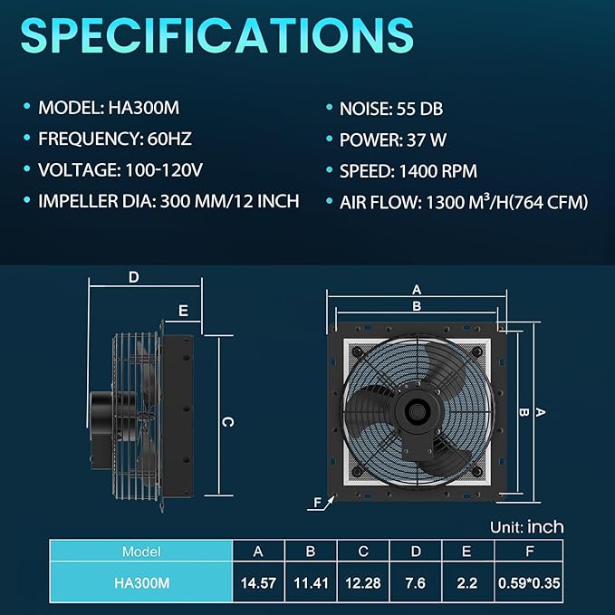 HG Power Upgraded 12 Inch Shutter Exhaust Fan, 764CFM High-Speed, 1400RPM Wall-Mounted Ventilation Fan for Shed, Garage, Greenhouse - with Mesh Screen, ON/OFF Switch & 8FT Power Cord, Black