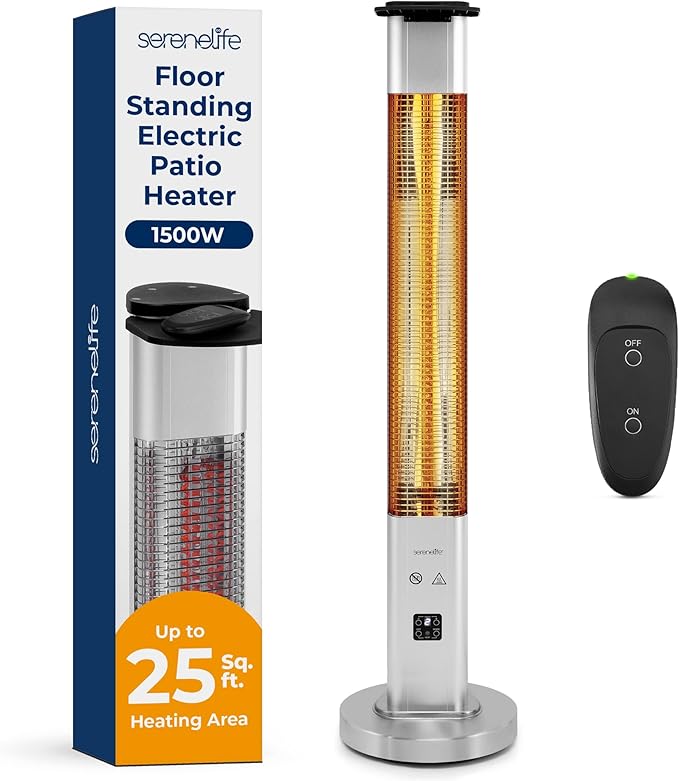 SereneLife Outdoor Electric Patio Heater - 1500W High-Efficiency Infrared Heating, Remote Control Standing Heater with Aluminum Reflector, Waterproof Design, IP65 Approved, Quiet Operation