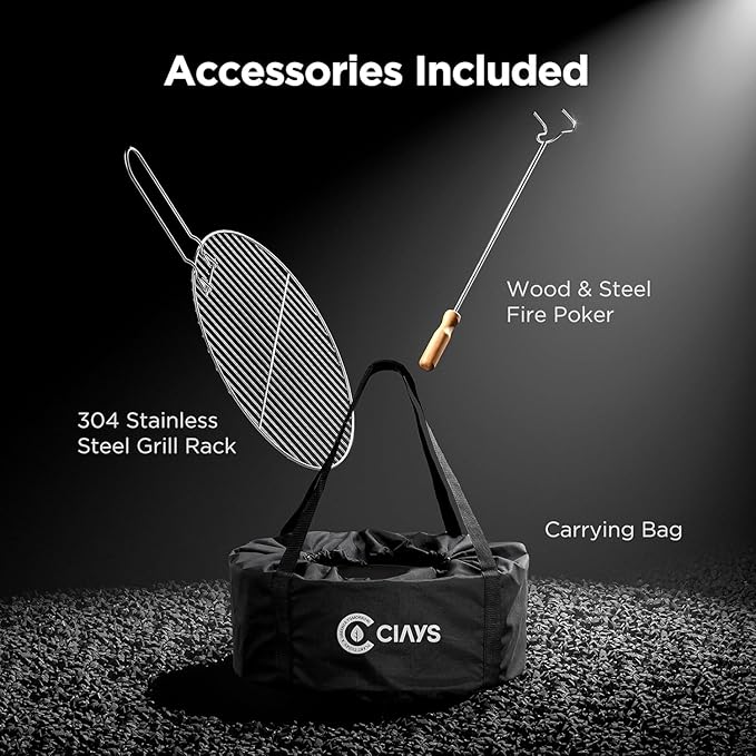 Ciays Smokeless Firepit for Outside, 21 Inch Outdoor Fire Pit for Camping with Patented Technology, Portable Fire Pit with Steel Grill Rack, Fire Poker, and Bag, Easy Setup and Storage, Wood Burning
